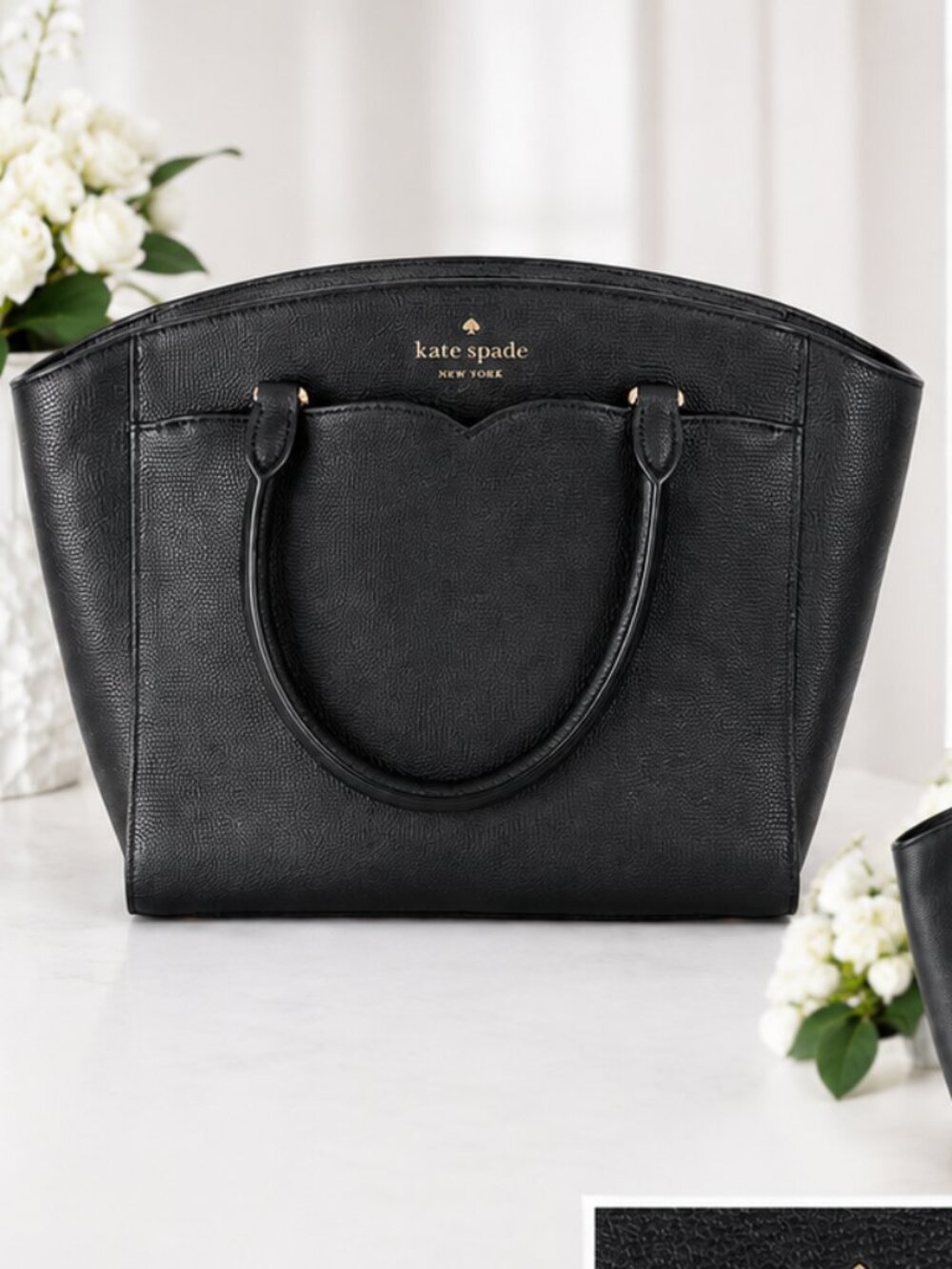 Kate Spade New York Black Pebbled Leather Structured Tote Handbag